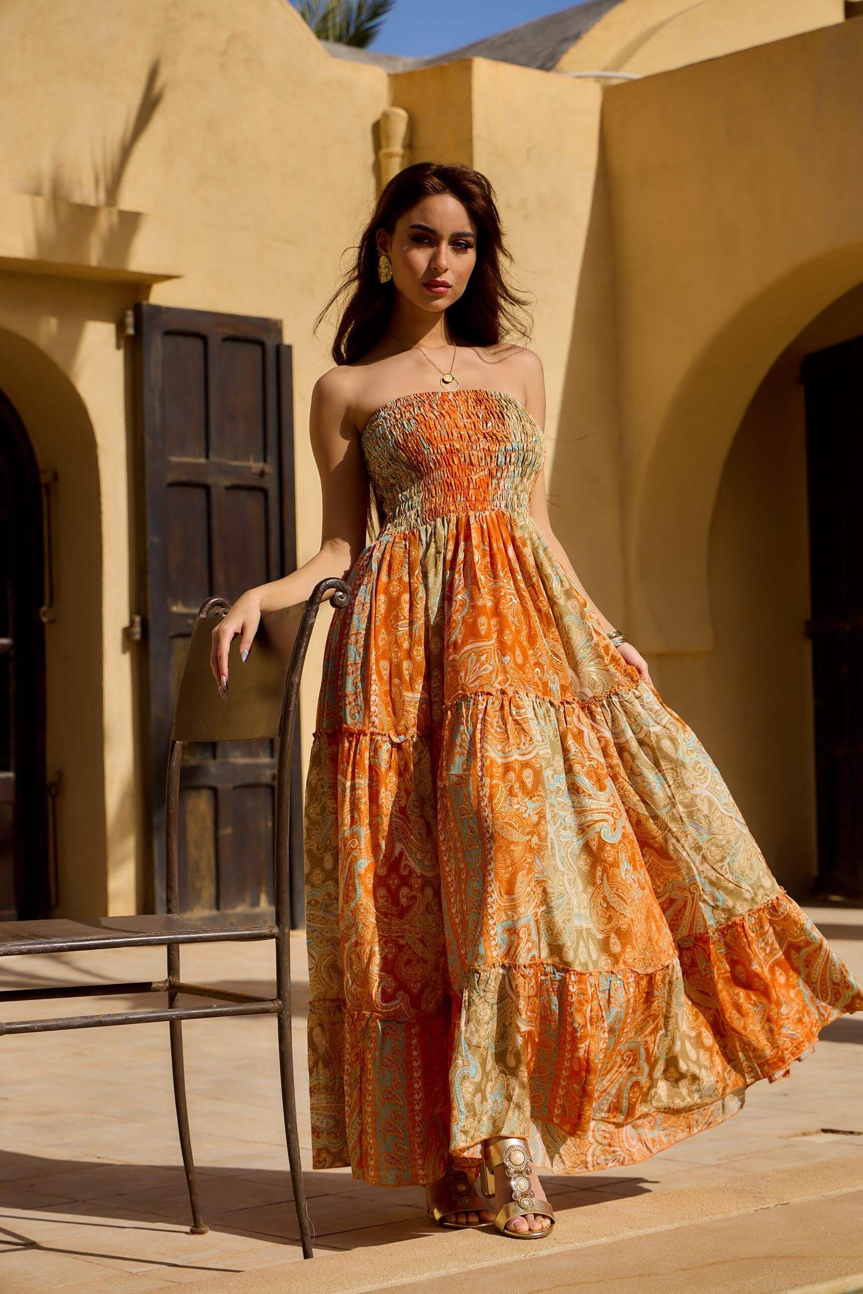 Robe orange d ete en soie a smockes TU Orice