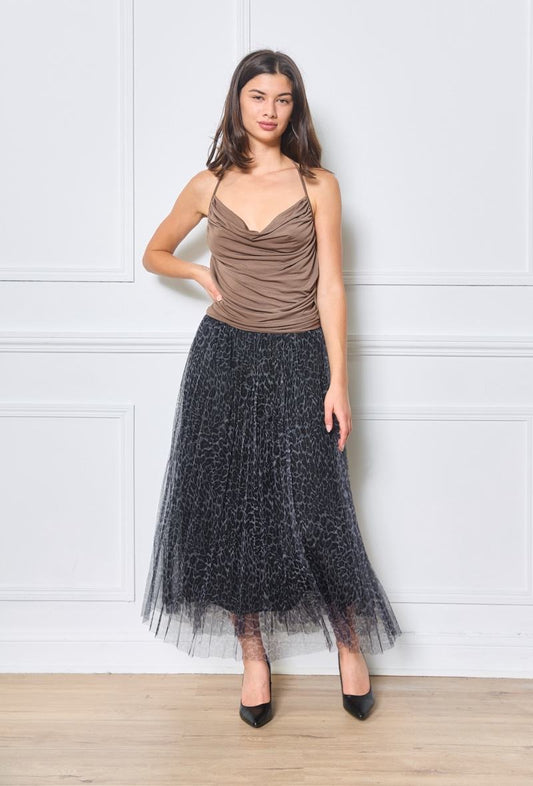 Jupe midi plissée, tulle imprimé léopard