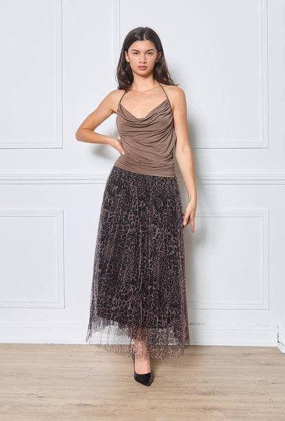 Jupe midi plissée, tulle imprimé léopard marron