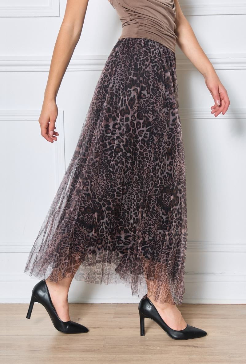 Jupe midi plissée, tulle imprimé léopard marron