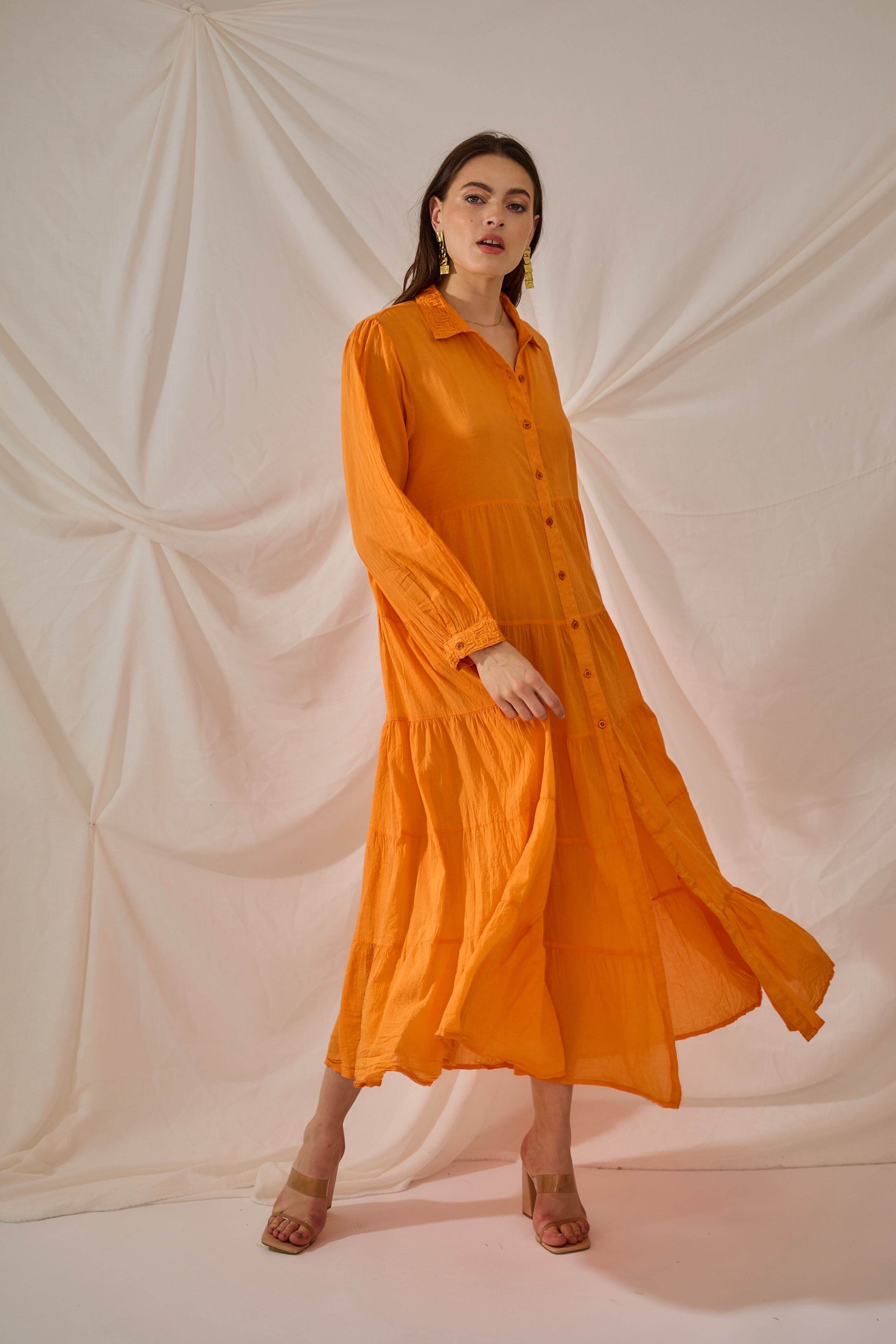 Robe chemise longue orange en coton uni style boheme