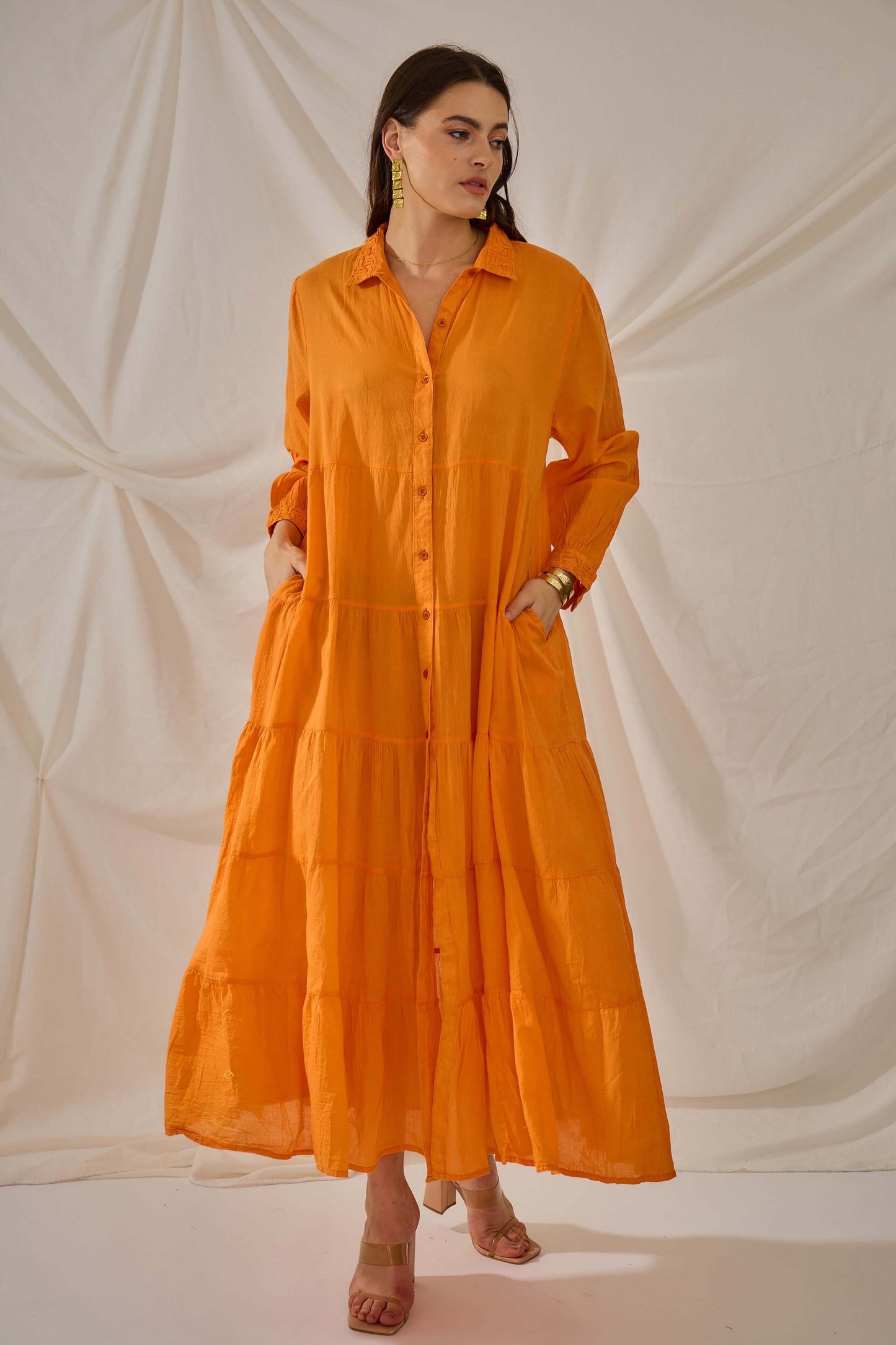 Robe chemise longue orange en coton uni style bohème