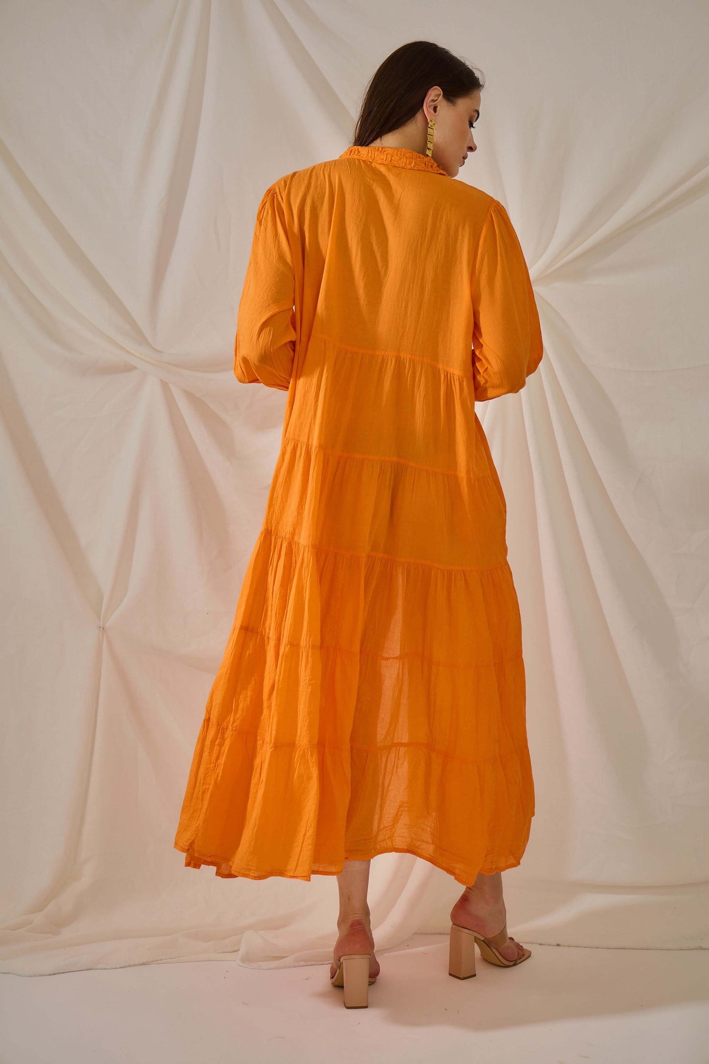 Robe chemise longue orange en coton uni style bohème