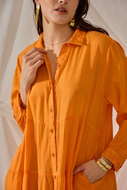 Robe chemise longue orange en coton uni style bohème