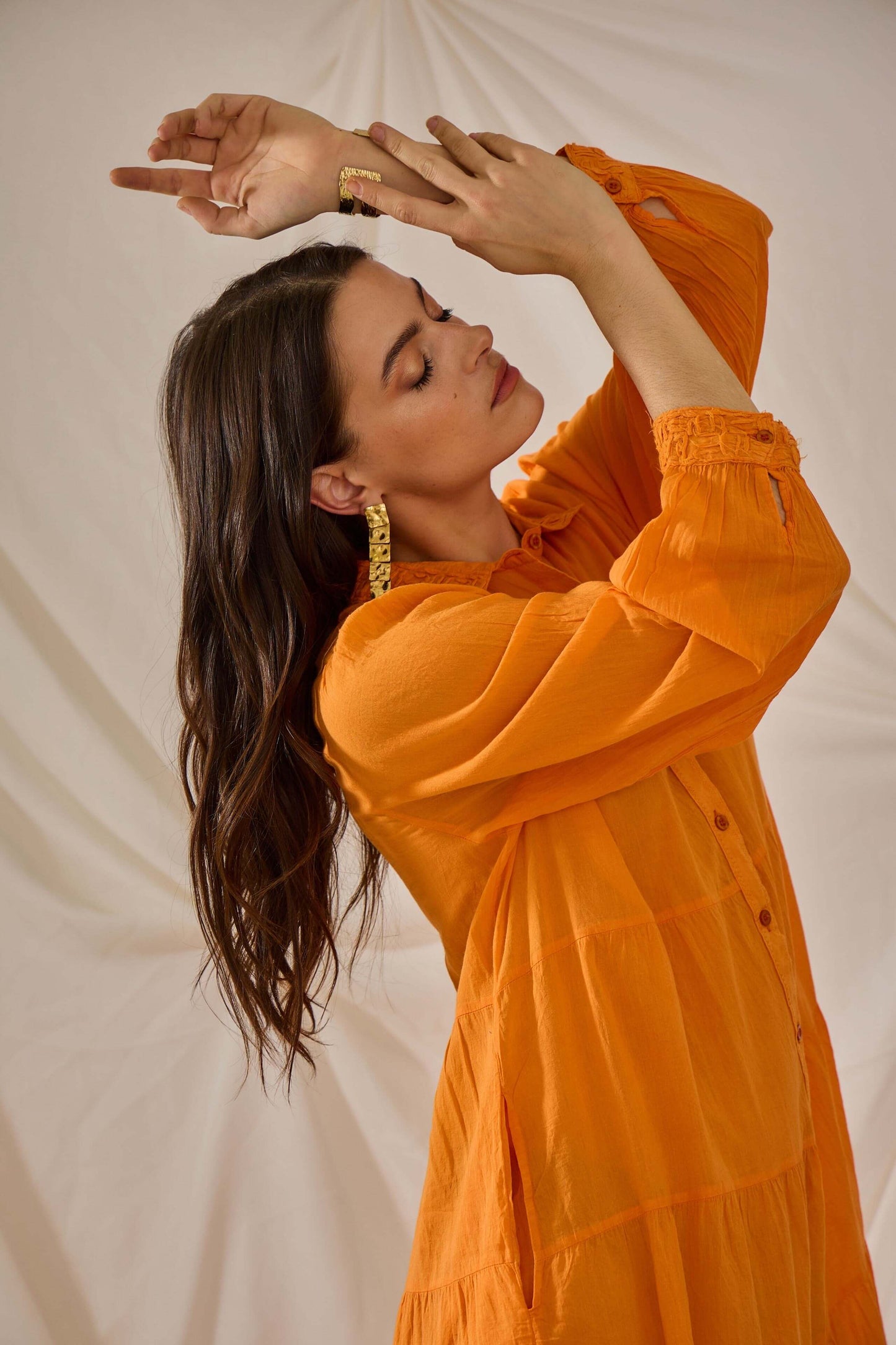 Robe chemise longue orange en coton uni style bohème