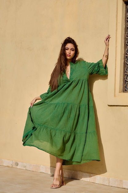 Robe longue vert d'été style bohème en coton