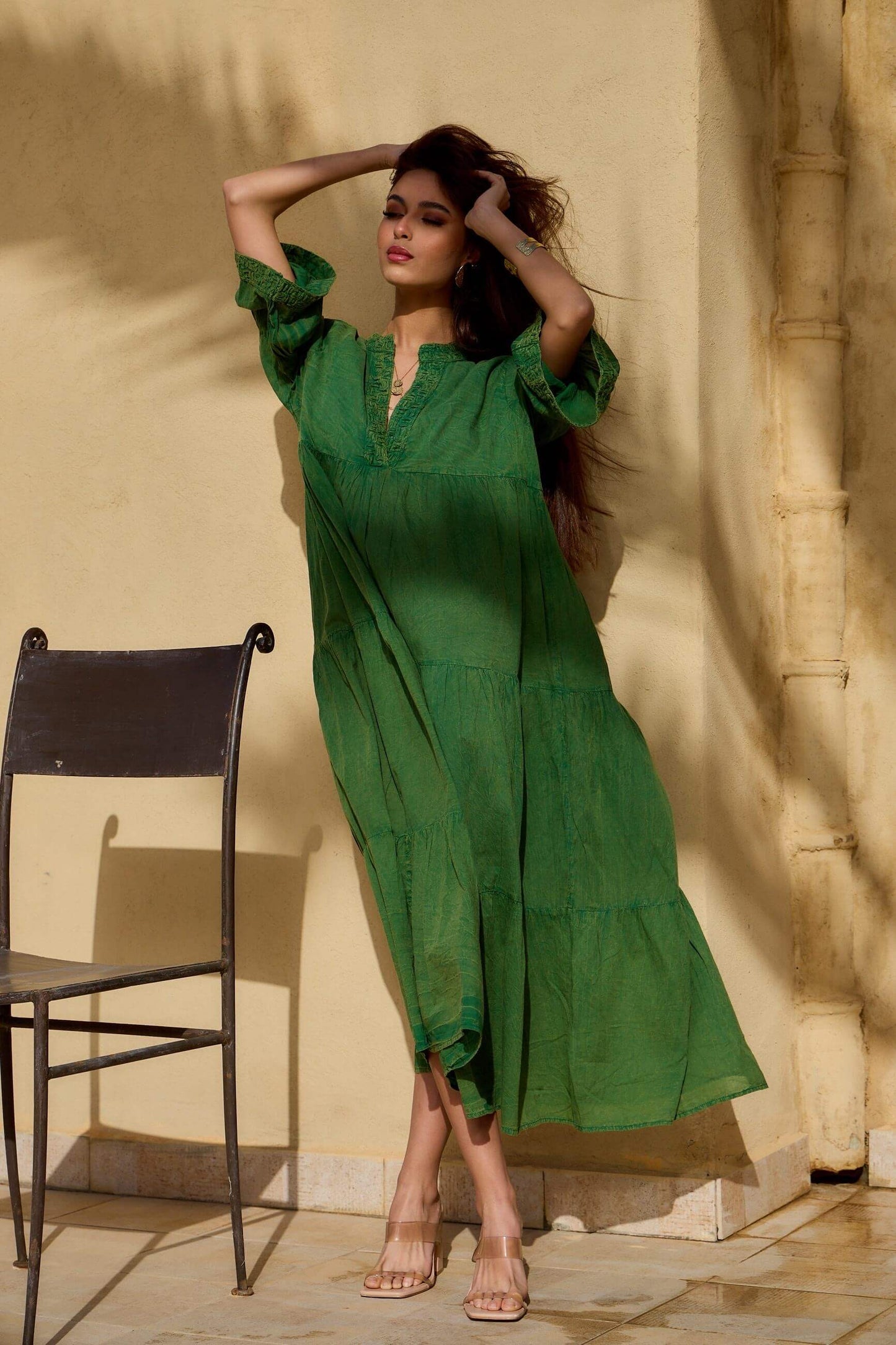 Robe longue vert d'été style bohème en coton