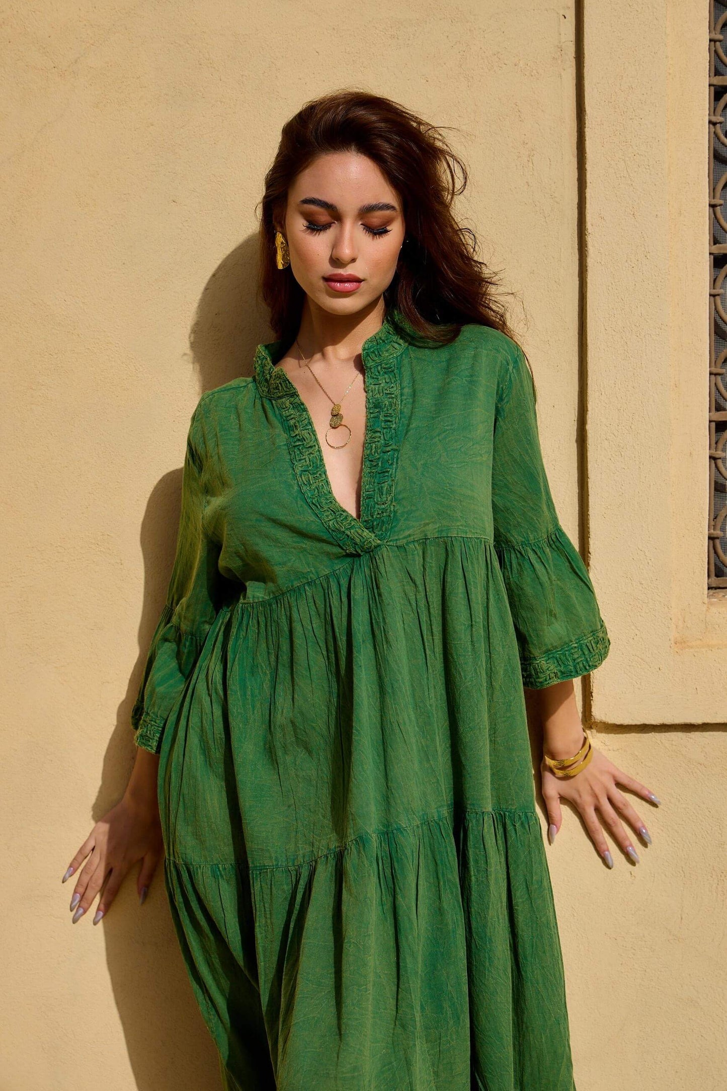 Robe longue vert d'été style bohème en coton