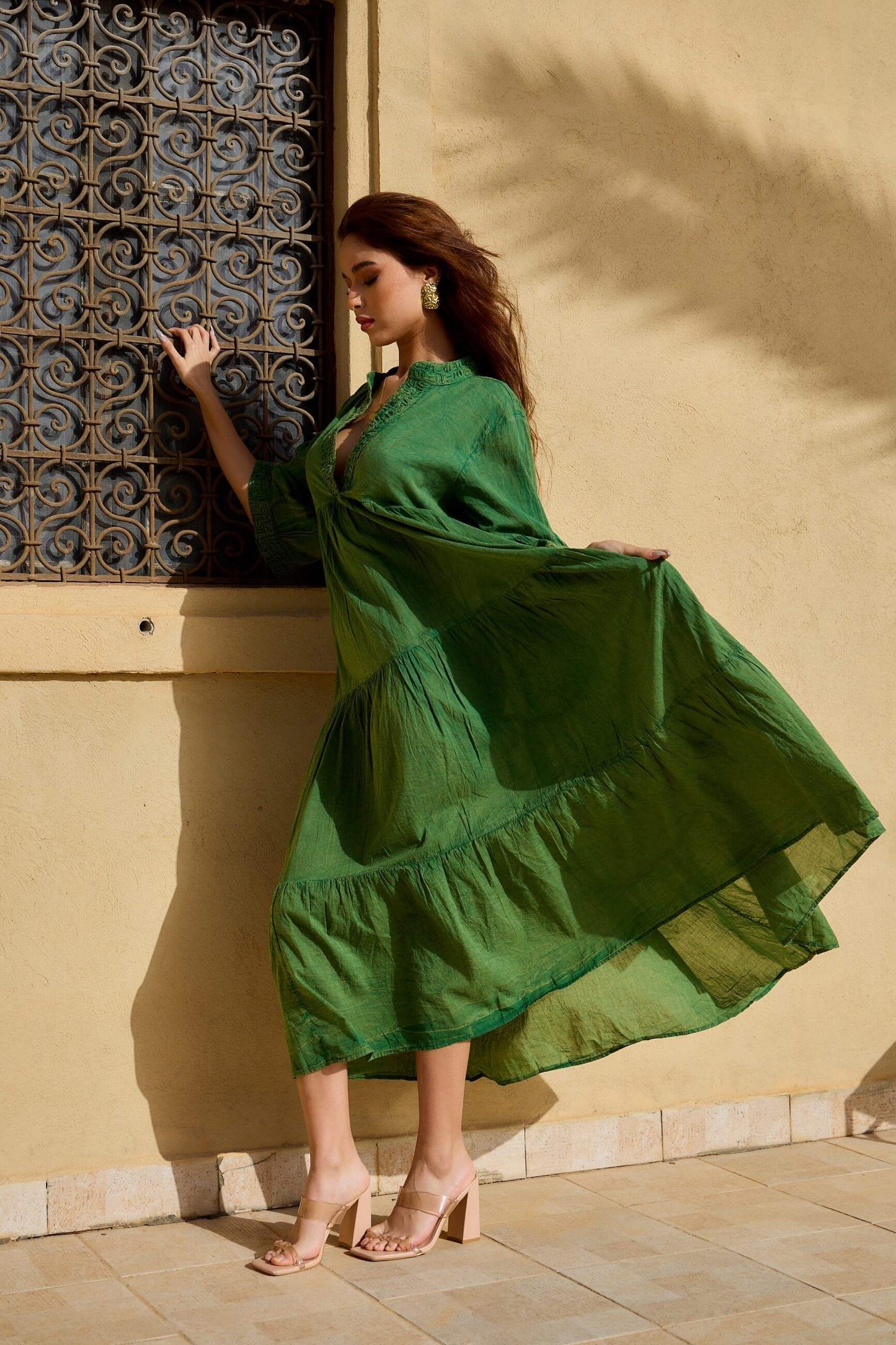 Robe longue vert d'été style bohème en coton